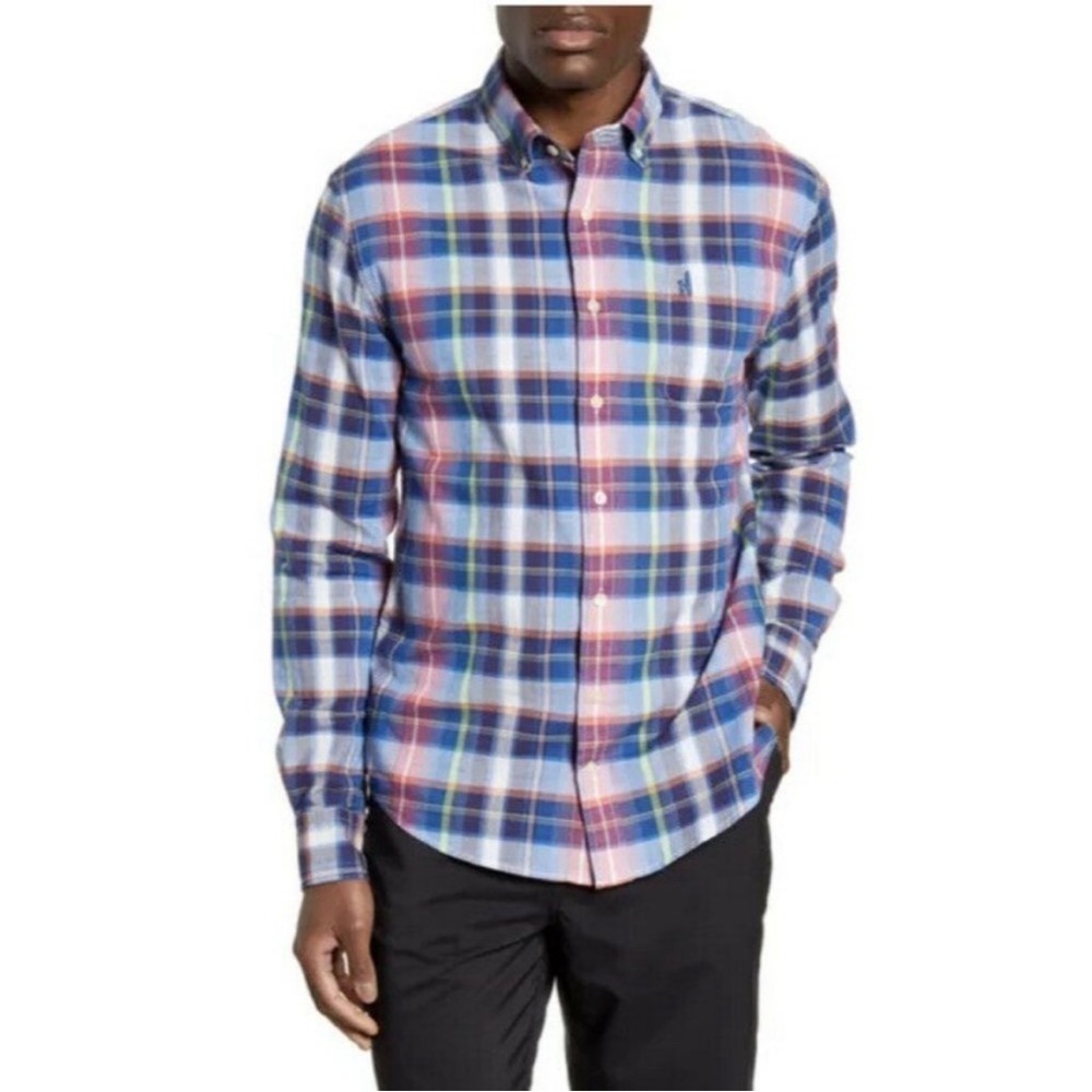 Johnnie O Ethan Hangin Out Button Front Plaid Cotton Shirt Wake Blue Size M